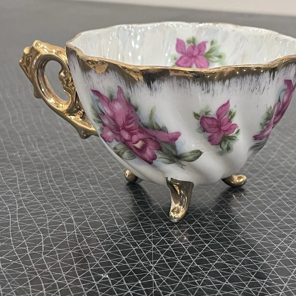 Vintage Japan Pink Rose Gold Iridescent Footed Cup & Open Saucer; Teacup Napco